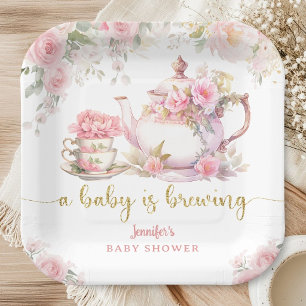 A Baby Is Brewing Tea Baby Shower Pink Floral Paper Plate