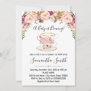 A Baby is brewing tea baby shower pink invitation