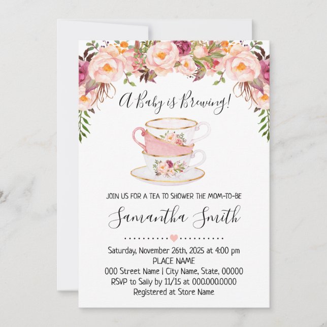 A Baby is brewing tea baby shower pink invitation (Front)