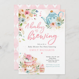 A Baby Is Brewing Tea Party Baby Shower Pink Roses Invitation