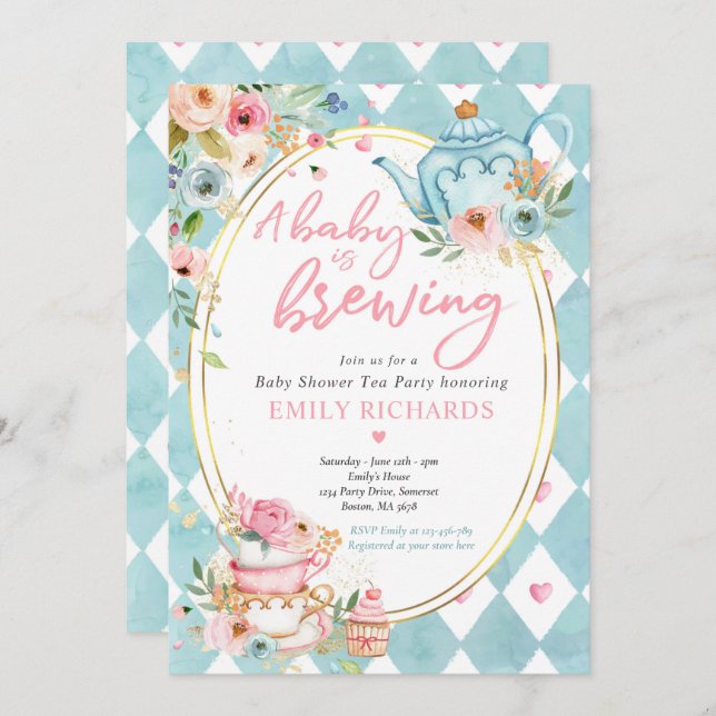 A Baby Is Brewing Tea Party Baby Shower Pink Roses Invitation (Front/Back)