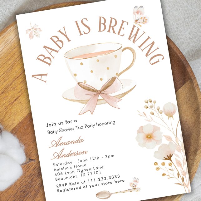 A Baby Is Brewing Tea Party Bow Baby Shower Pastel Invitation (Creator Uploaded)