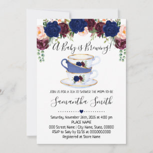A Baby is brewing tea shower navy invitation