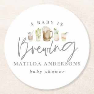 A baby is brewing watercolour beer baby shower  round paper coaster