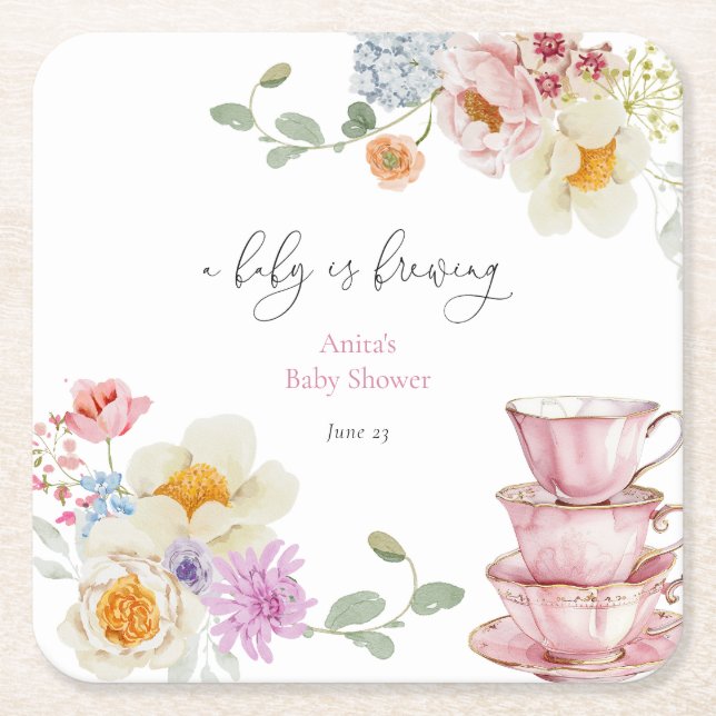 A Baby is Brewing Wildflower Tea Baby Shower Square Paper Coaster (Front)