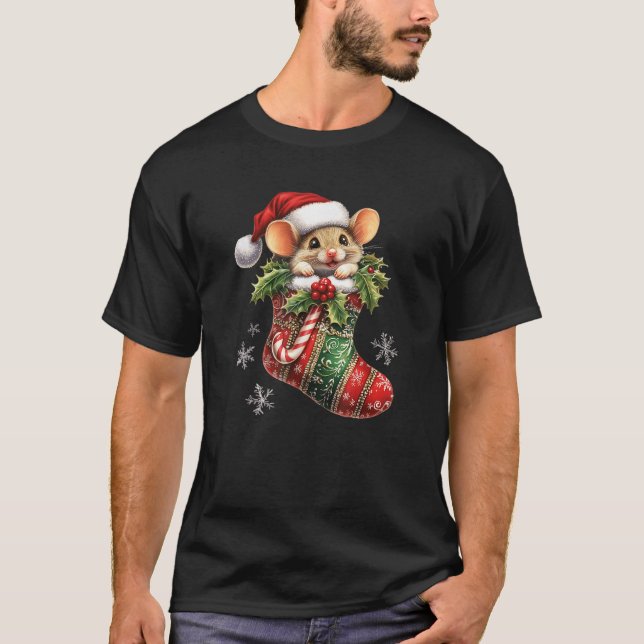 A Baby Mouse In A Christmas Hat Inside A Stocking T-Shirt (Front)