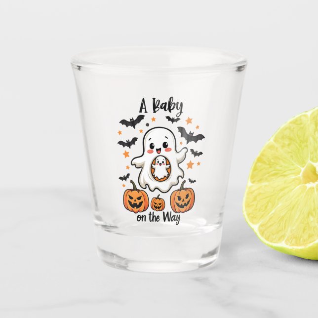 A Baby on the Way Pastel Ghost Pregnancy Halloween Shot Glass (Front)