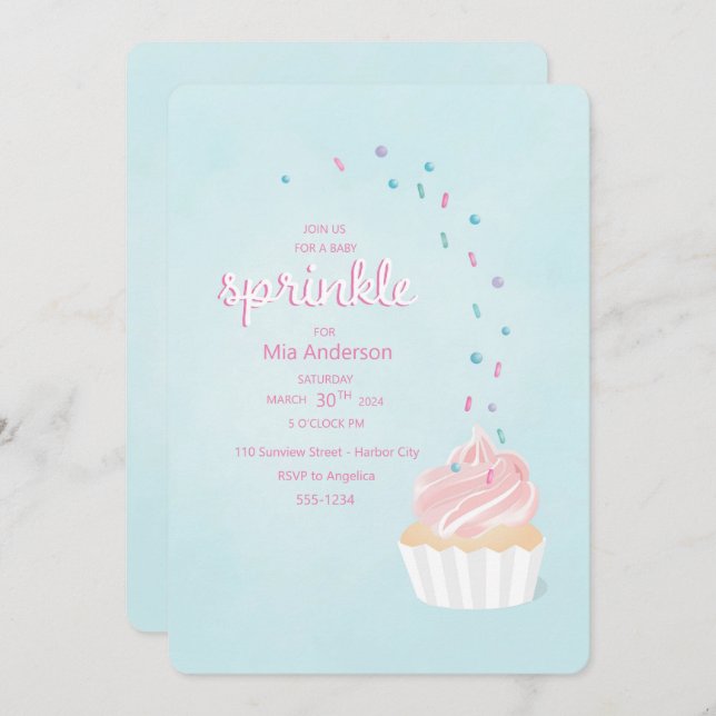 A baby sprinkle shower invitation with cupcake (Front/Back)
