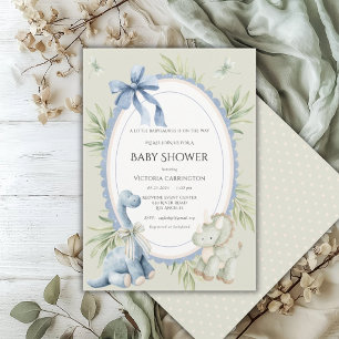 A Babysauraus is on the Way Sage Green Baby Invitation