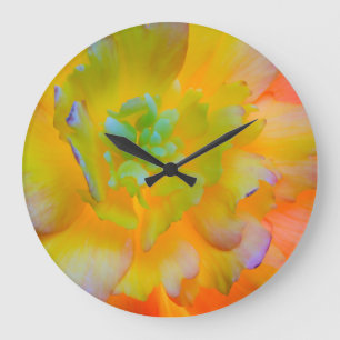 A back-lit, glowing begonia blossom large clock