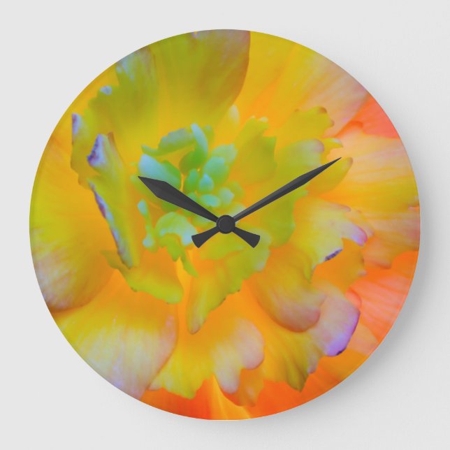 A back-lit, glowing begonia blossom large clock (Front)