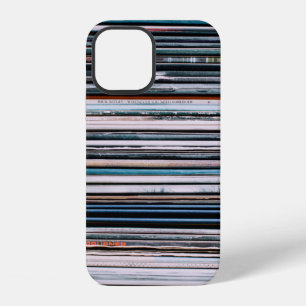 A background consisting of a stack of records in t iPhone 12 case
