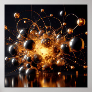 A background image of glowing black and gold orbs poster