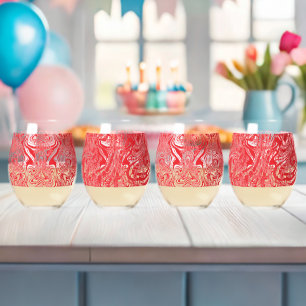 A background of red and white stripes arranged dia stemless wine glass