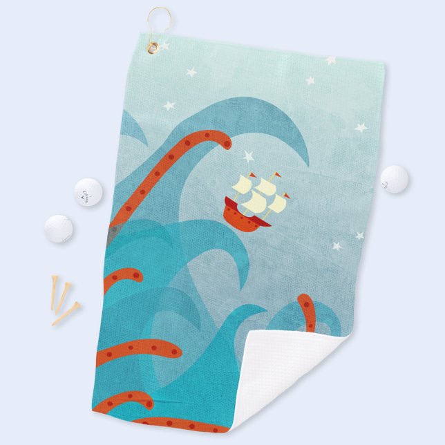 A Bad Day For Sailors Golf Towel (Fun sailing boat sea monster art golf towel)
