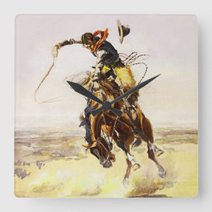 “A Bad Hoss” by Charles M Russell Square Wall Clock