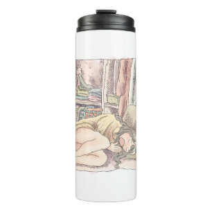 a bare-footed woman lying in front of an open clos thermal tumbler