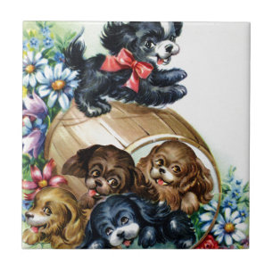 A Barrel of Puppies Ceramic Tile