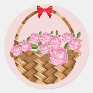 A Basket of Pink Roses Classic Round Sticker