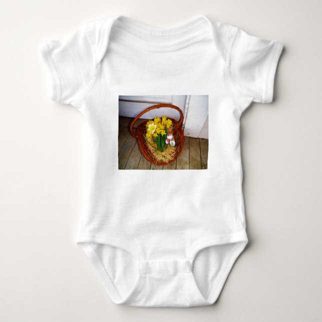A Basket of Yellow Daffodils and floral Easter Egg Baby Bodysuit (Front)
