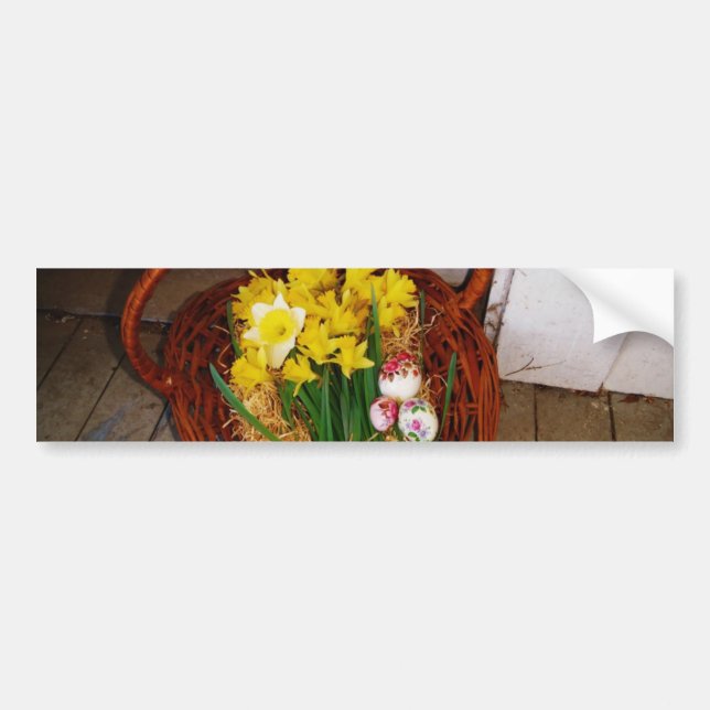 A Basket of Yellow Daffodils and floral Easter Egg Bumper Sticker (Front)