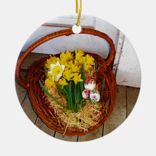 A Basket of Yellow Daffodils and floral Easter Egg Ceramic Ornament (Front)