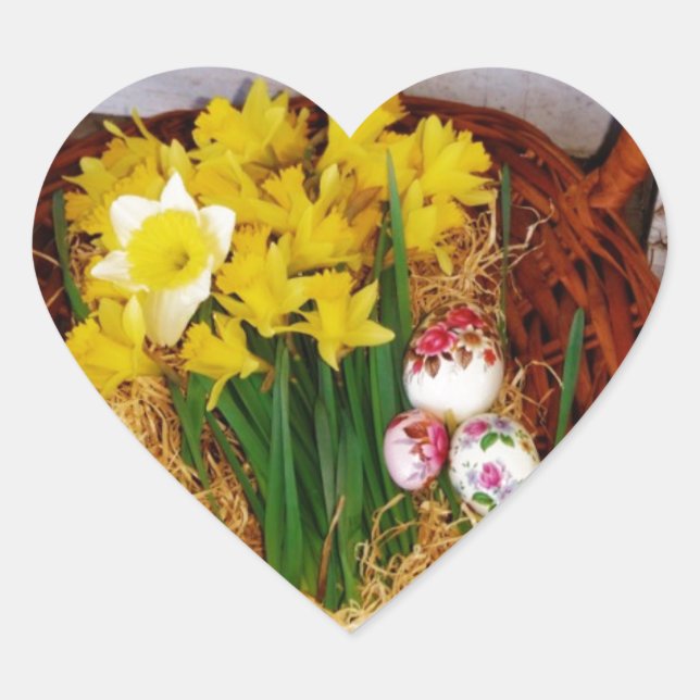 A Basket of Yellow Daffodils and floral Easter Egg Heart Sticker (Front)