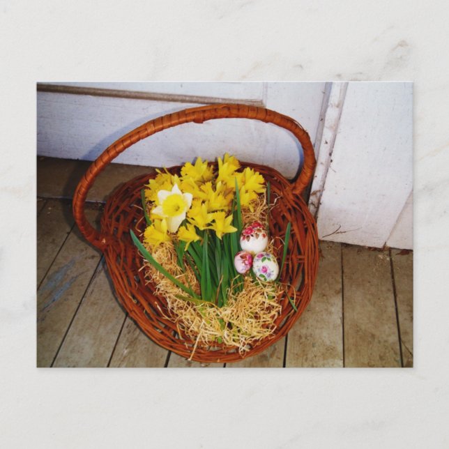 A Basket of Yellow Daffodils and floral Easter Egg Holiday Postcard (Front)