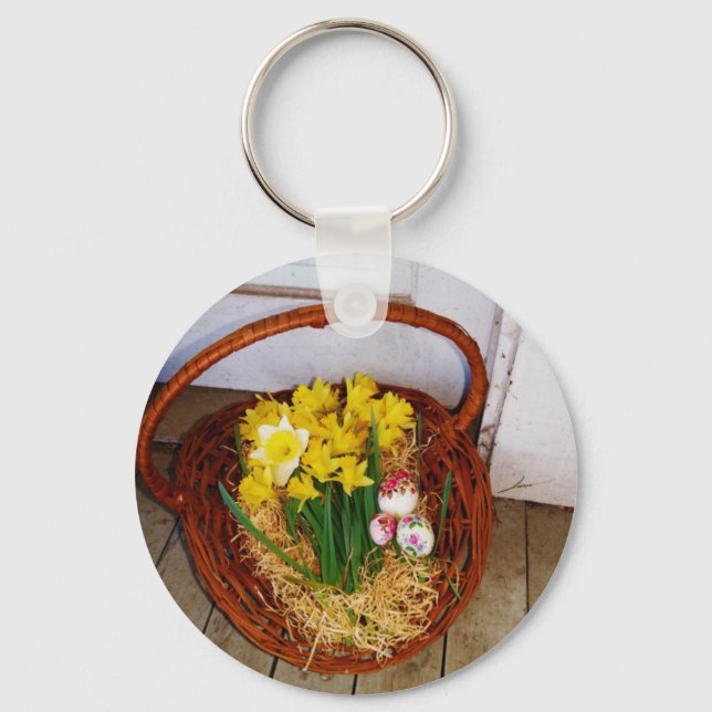 A Basket of Yellow Daffodils and floral Easter Egg Key Ring (Front)