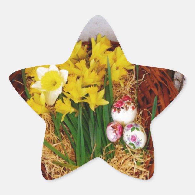 A Basket of Yellow Daffodils and floral Easter Egg Star Sticker (Front)
