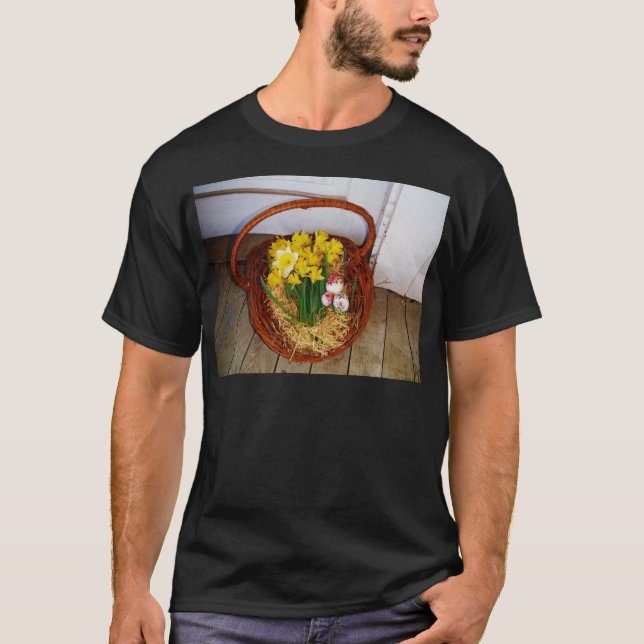 A Basket of Yellow Daffodils and floral Easter Egg T-Shirt (Front)
