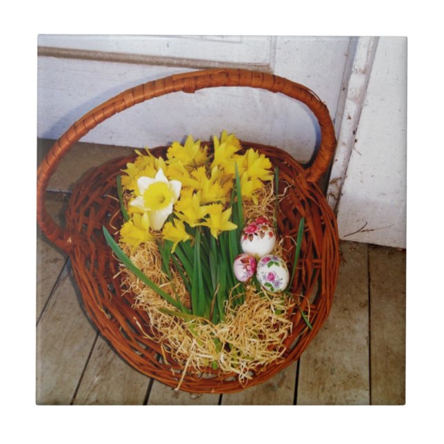 A Basket of Yellow Daffodils and floral Easter Egg Tile (Front)