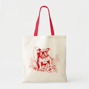 A beach loving red bulldog catching some waves tote bag