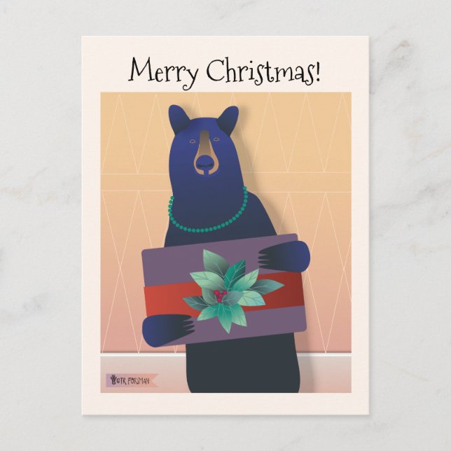 💕A bear Wearing a necklace holds a holiday gift Postcard (Front)