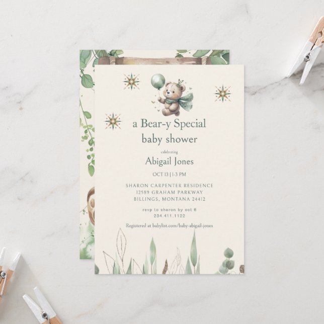 A Bear-y Special Cream Baby Shower  Invitation (Front/Back In Situ)