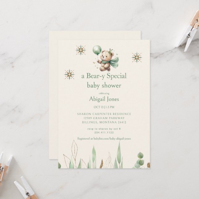 A Bear-y Special Cream Neutral Baby Shower  Invitation (Front/Back In Situ)