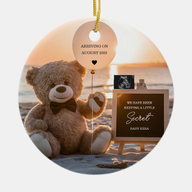 A beautiful beach digital pregnancy announcement  ceramic ornament (Front)