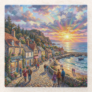A Beautiful Beach Village Boardwalk at Sunset Glass Coaster