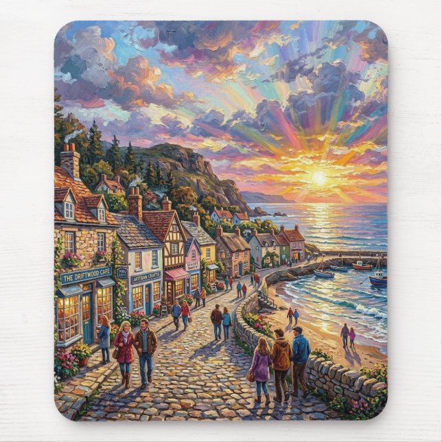 A Beautiful Beach Village Boardwalk at Sunset Mouse Pad (Front)