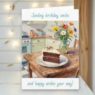 A Beautiful Birthday with Pretty Flowers and Cake Card