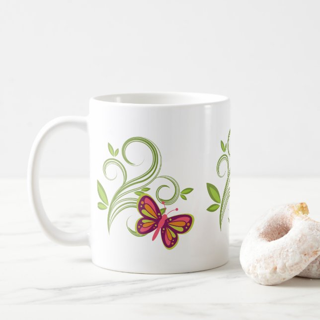 A beautiful, colourful butterfly, vines and leaves coffee mug (With Donut)