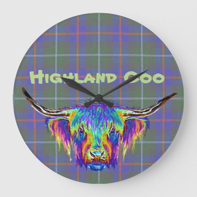 A beautiful colourful highland cow on tartan. large clock (Front)
