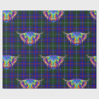 A beautiful colourful highland cow on tartan. wrapping paper