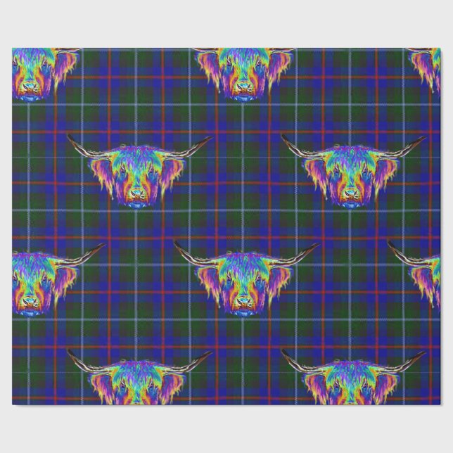A beautiful colourful highland cow on tartan. wrapping paper (Seam)