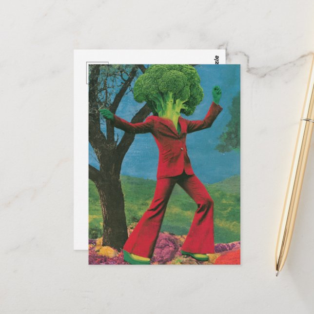 A beautiful colourful retro dancing broccoli  postcard (Front/Back In Situ)