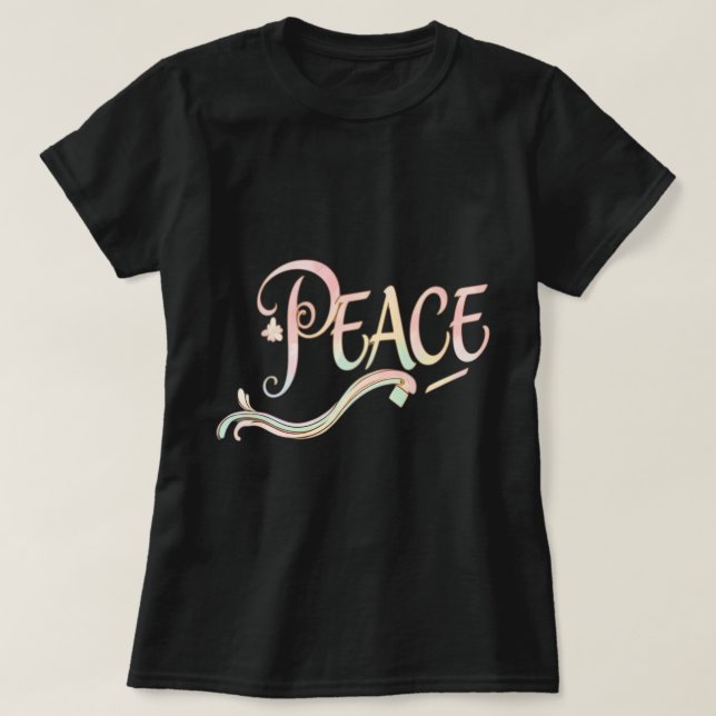A beautiful, flowing script of the word "Peace" fe T-Shirt (Design Front)