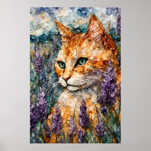 A beautiful ginger cat in a lavender field  poster