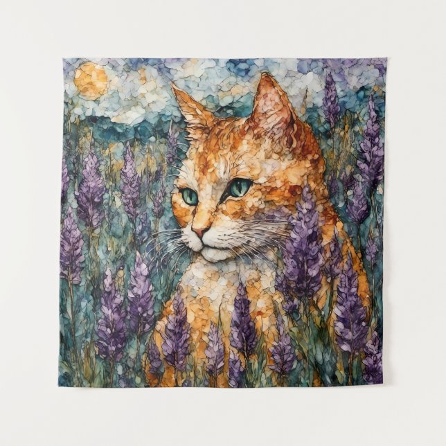 A beautiful ginger cat in a lavender field  tapestry (Front)