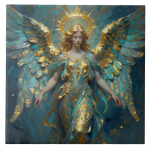A Beautiful Gold and Turquoise Angel Ceramic Tile