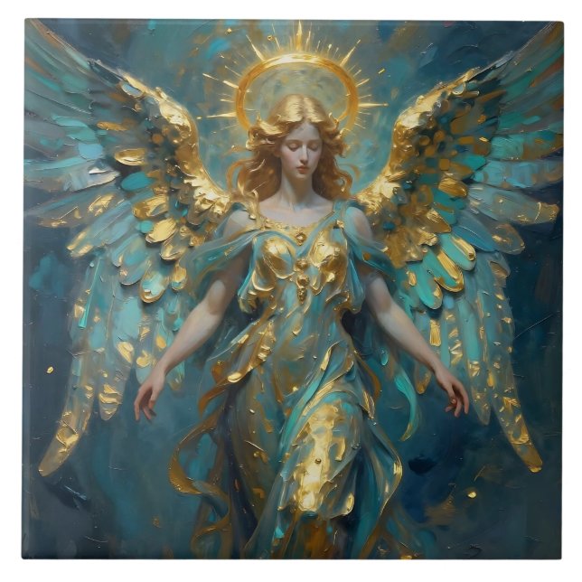 A Beautiful Gold and Turquoise Angel  Ceramic Tile (Front)